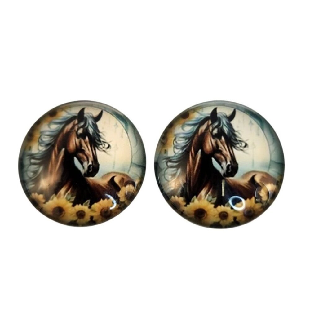 Set of 2 Brown Horse Glass Cabochons 1 Inch Round, Floral Dome Craft Supply for